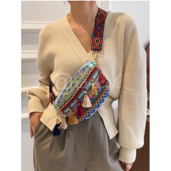 Boho Embroidered Fanny Pack Style Crossbody Bag with Tassels - Picture 6 of 16